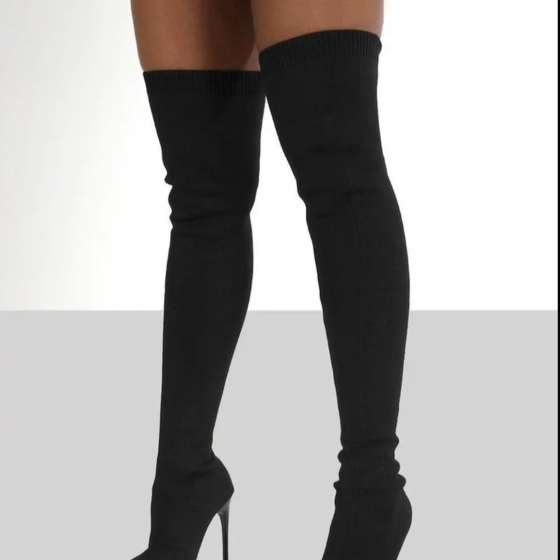 Stretch Fabrics High Heel Slip on Shoes Pointed Boots