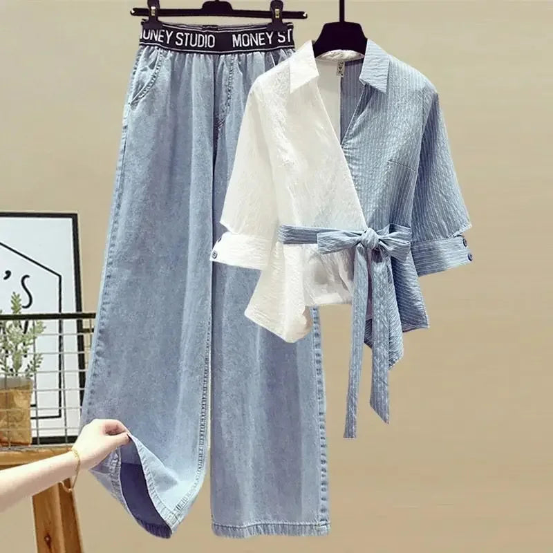 Two Piece Suit Women Chic Top Denim Pants Matching Set