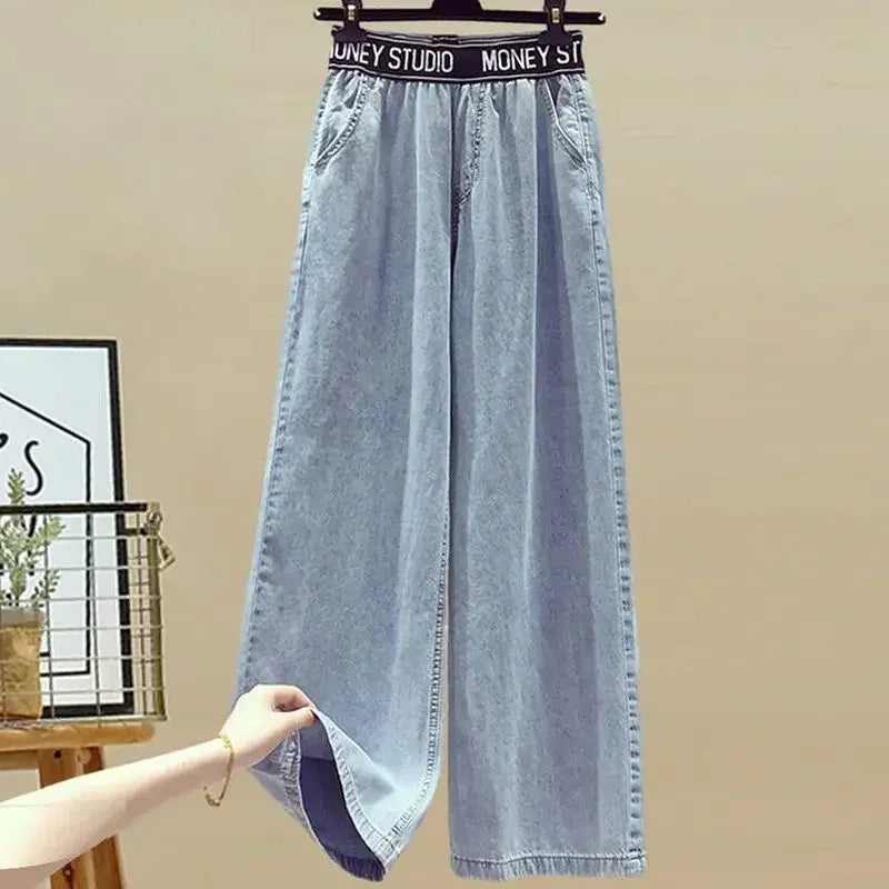 Two Piece Suit Women Chic Top Denim Pants Matching Set