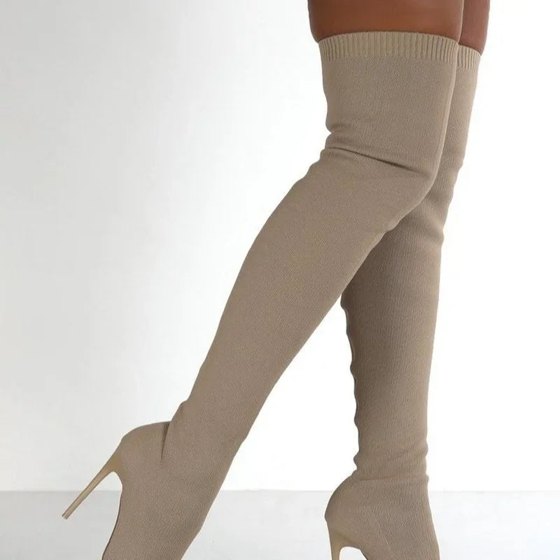 Stretch Fabrics High Heel Slip on Shoes Pointed Boots