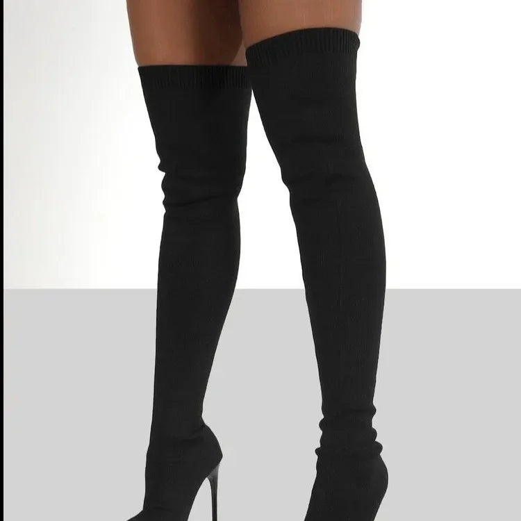 Stretch Fabrics High Heel Slip on Shoes Pointed Boots