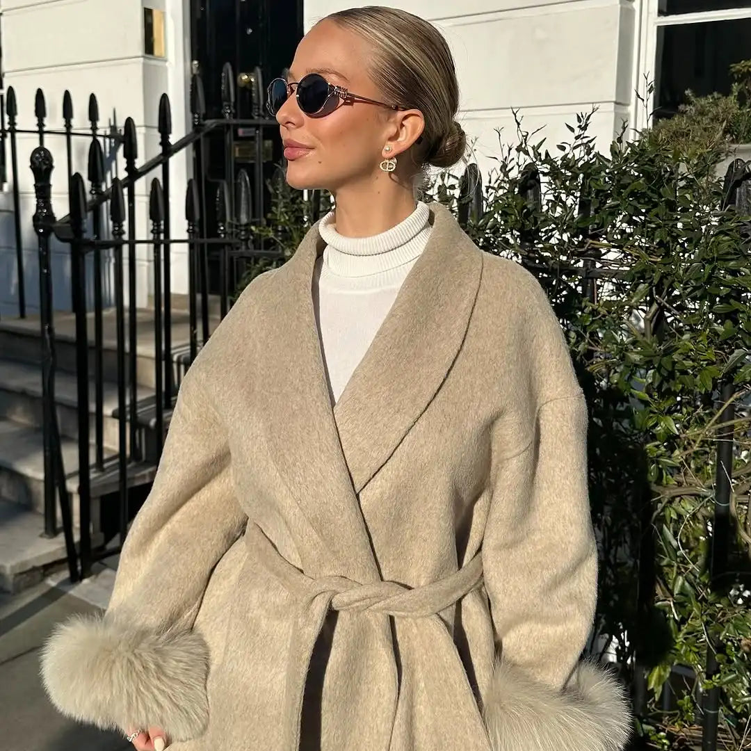 Women Chic Full Sleeve V-neck Lace Up Loose Long Overcoat