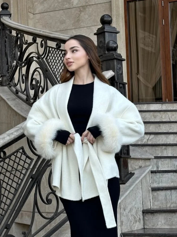 Women Chic Full Sleeve V-neck Lace Up Loose Long Overcoat