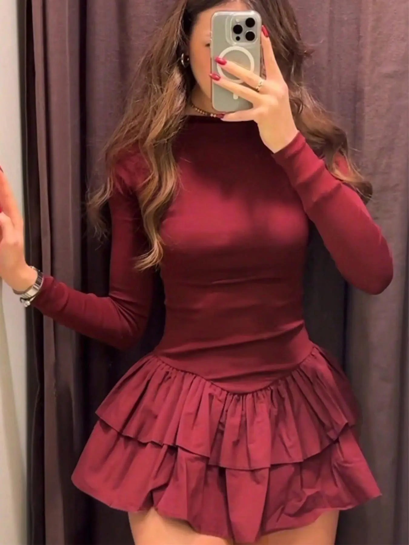 Women Fashion Solid Tierred Ruffle A-Line Dress
