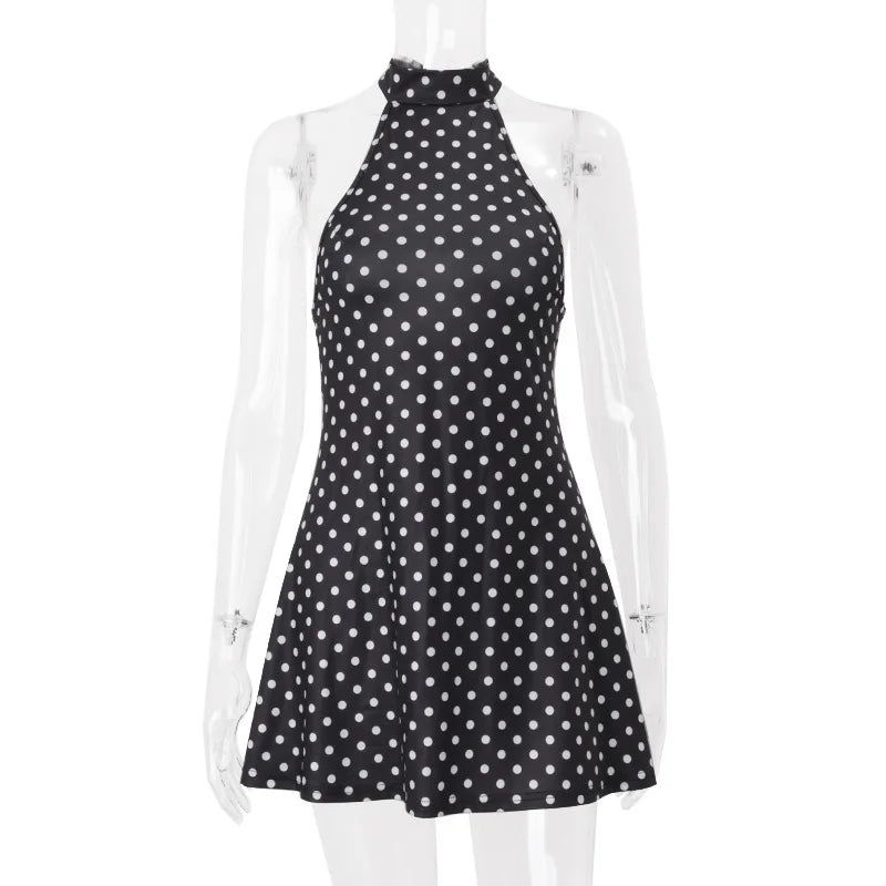 Polka Dot Elegant Off Shoulder Sleeveless Backless High Waist Halter Mini Dress