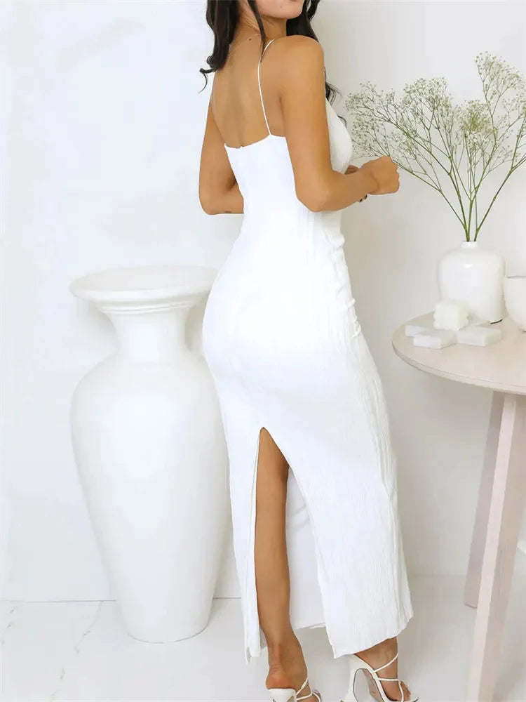 Slim Solid Summer Party Back Split Dress