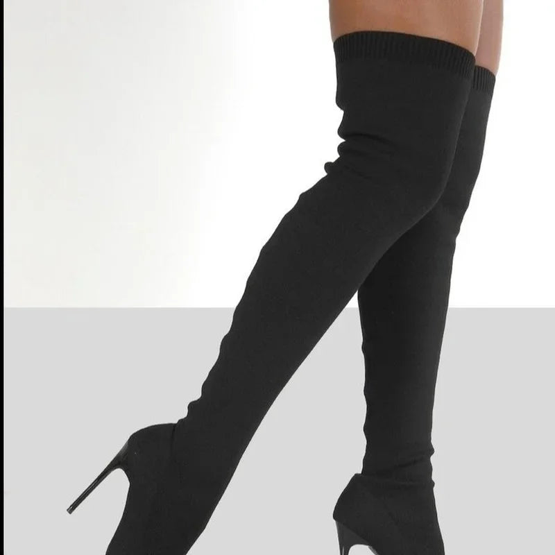 Stretch Fabrics High Heel Slip on Shoes Pointed Boots