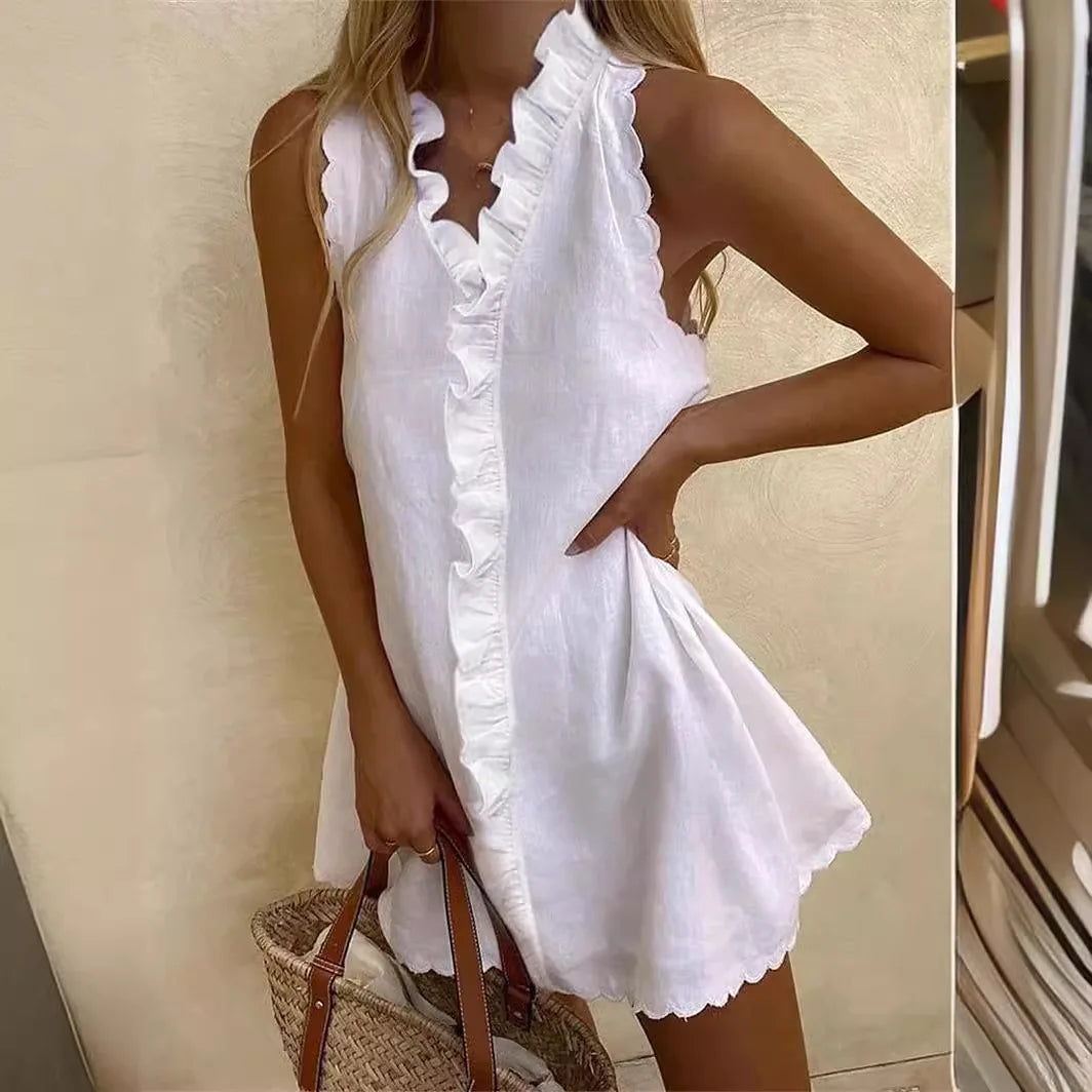 New Women Casual Cotton And Linen White Dress