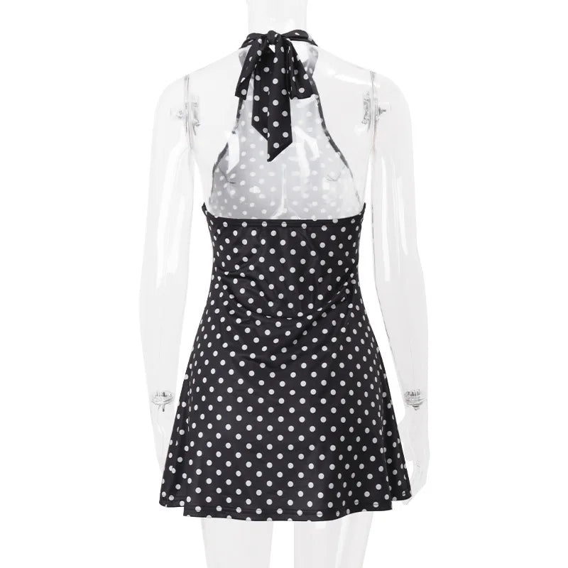 Polka Dot Elegant Off Shoulder Sleeveless Backless High Waist Halter Mini Dress