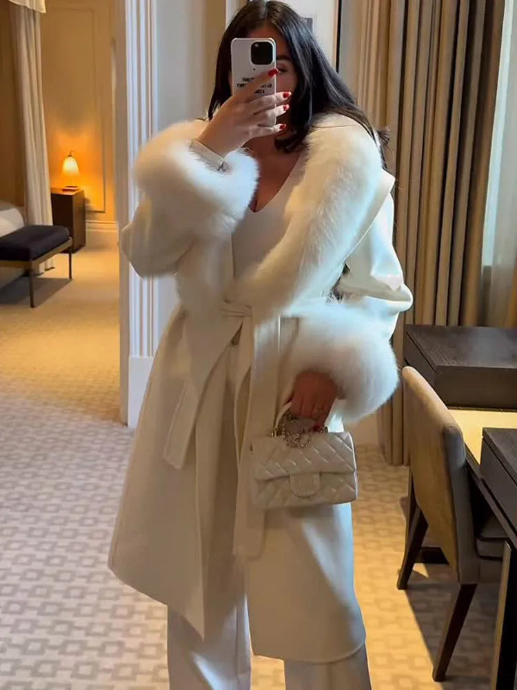 Women Chic Full Sleeve V-neck Lace Up Loose Long Overcoat